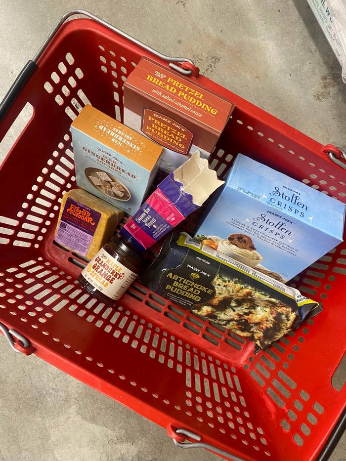 A TJ's basket with new items