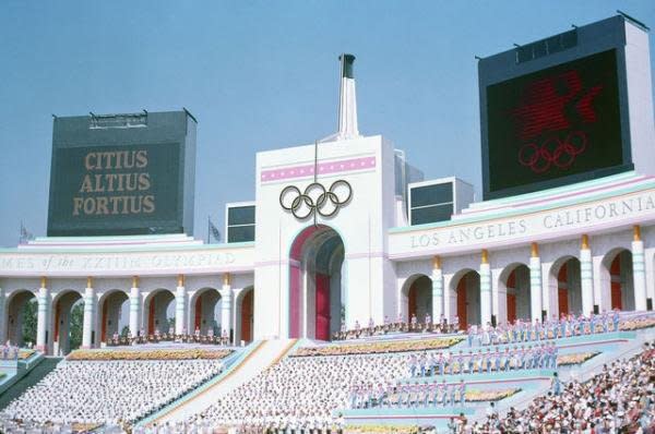 Olympic Torch Tower of the Los Angeles Coliseum on the day of the opening ceremonies of the XXIII Summer Olympics on July 28, 1984. UPI File Photo
