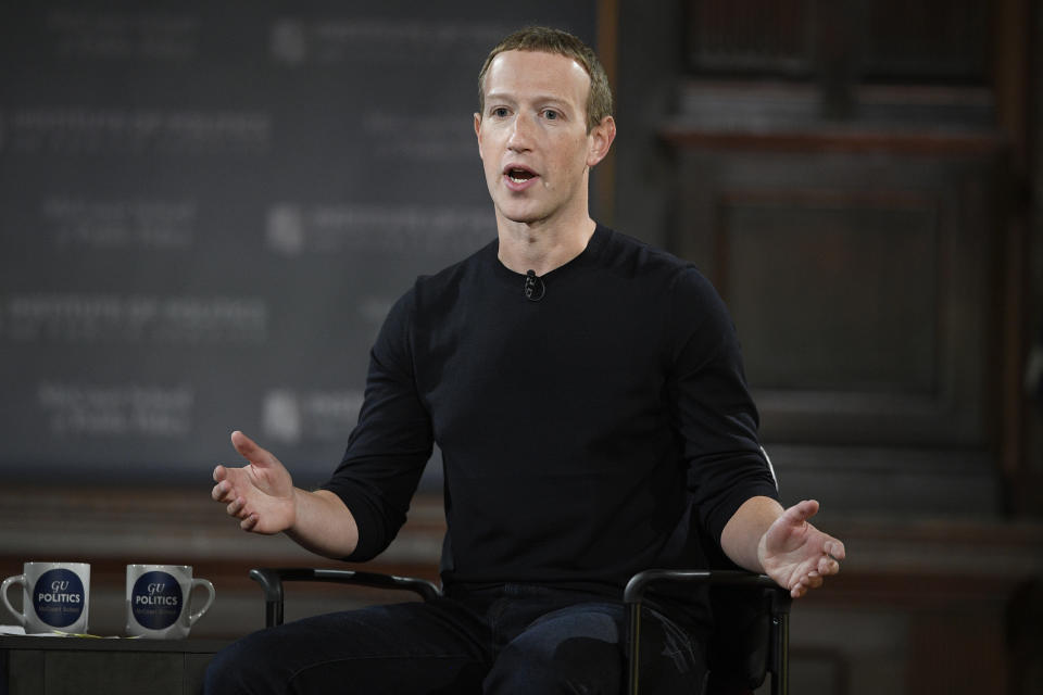 FILE - Mark Zuckerberg speaks at Georgetown University, on Oct. 17, 2019, in Washington. Zuckerberg, the CEO of Facebook parent company Meta Platforms Inc., took the witness stand Tuesday, Dec. 20, 2022, in the FTC&#x002019;s case trying to stop the tech giant from buying a virtual reality startup. (AP Photo/Nick Wass, File)