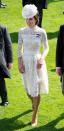 <p>For the first day of Royal Ascot, Kate made a regal entry with a lace Alexander McQueen dress, complemented by a white fascinator. The dress had a cinched waist, quarter-length sleeves and a high neckline. </p>