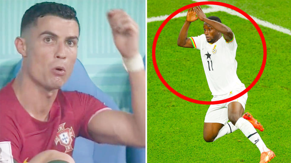 Pictured left, Cristiano Ronaldo fumes after Ghana's Osman Bukari scores against Portugal.