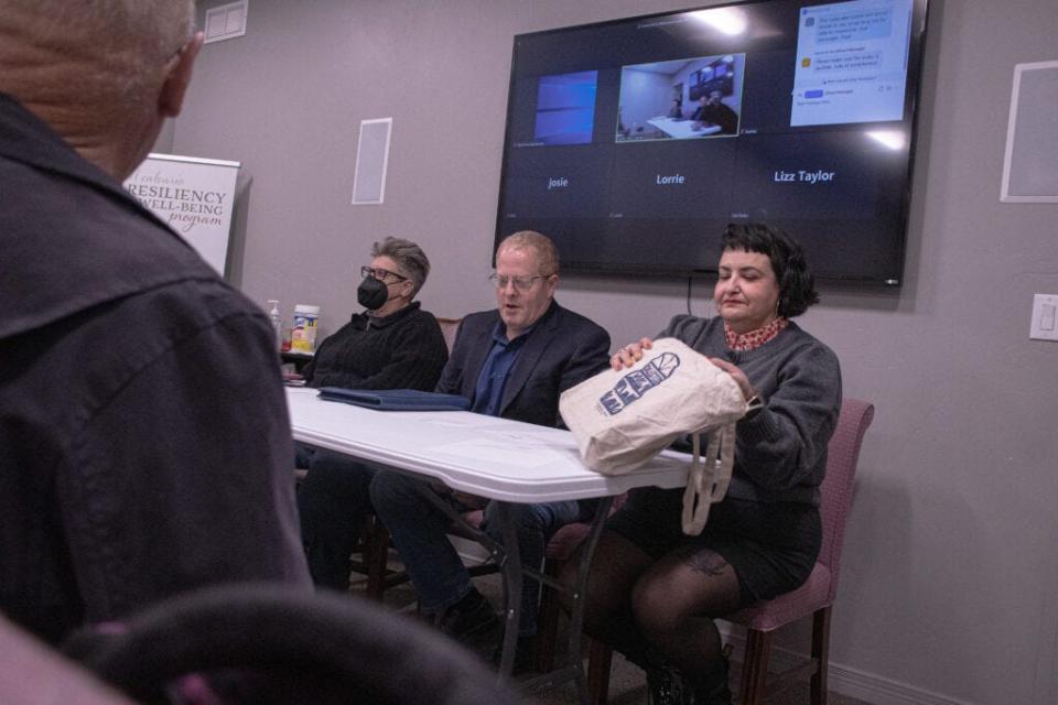 Las Cruces lawmakers (L-R) Sen. Carrie Hamblen, Sen. Jeff Steinborn and Rep. Angelica Rubio, address a crowd at El Calvario United Methodist Church offices on Jan. 13, 2023. ‘Part of these meetings is to talk about whatever folks want to talk about,’ Steinborn said.