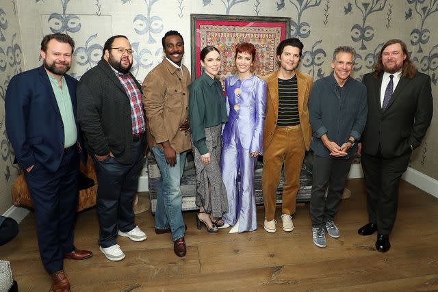 <p>Marion Curtis/StarPix for Apple TV/Shutterstock</p> Dan Erickson, Zach Cherry, Tramell Tillman, Jen Tullock, Britt Lower, Adam Scott, Ben Stiller, and Michael Chernus at the Crosby Street Screening Room in New York on November 13, 2022.