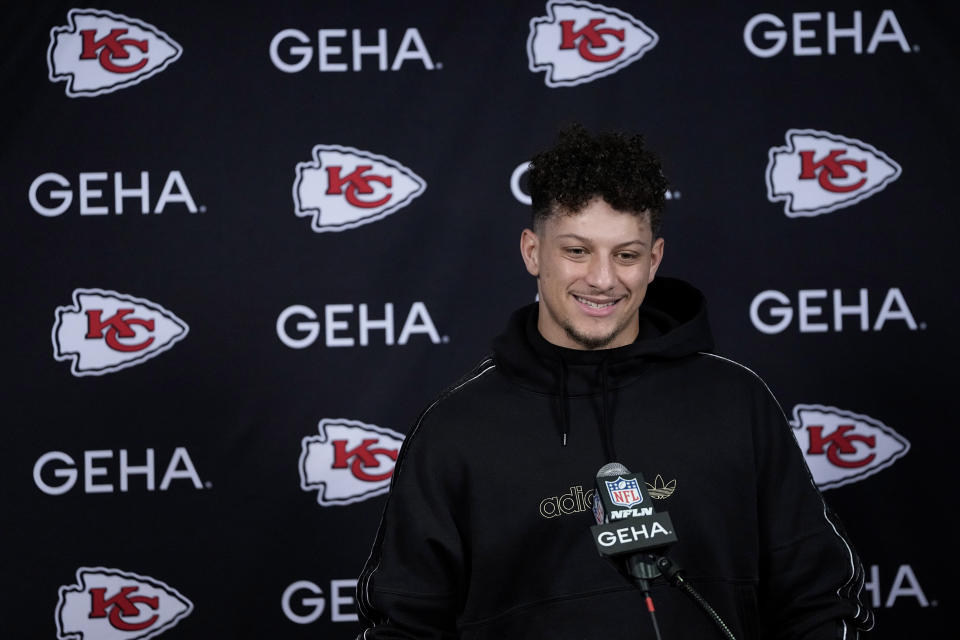Kansas City Chiefs quarterback Patrick Mahomes smiles during a news conference after an NFL football game against the Houston Texans Sunday, Dec. 18, 2022, in Houston. The Chiefs won 30-24 in overtime. (AP Photo/David J. Phillip)