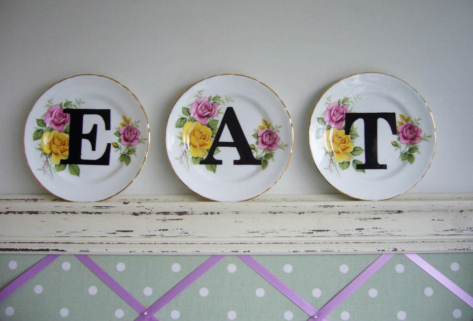 In this March 2012 publicity photo provided by Angel in the North, the vintage-plate-decorating project upcycled with modern letter print described on the lifestyle blog "angel in the north" is shown in its completed form. The blog is run by Anna Nicholson of West Yorkshire, England. (AP Photo/Angel in the North, Anna Nicholson)