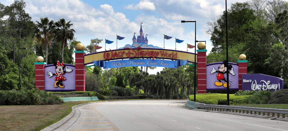 An empty entrance to Walt Disney World on March 24, 2020. The NBA is looking at using the ESPN Wide World of Sports Complex at Disney World as a possible venue to complete the season if conditions permit during the coronavirus pandemic. (Joe Burbank/Orlando Sentinel/Tribune News Service via Getty Images)