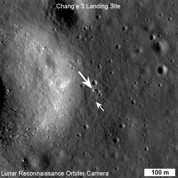 LADEE data is being used to investigate the effects of China's Chang'e 3 moon lander touchdown last December on the lunar atmosphere and surface. Shown here is NASA's Lunar Reconnaissance Orbiter Camera view of the Chang'e 3 lander (large arrow