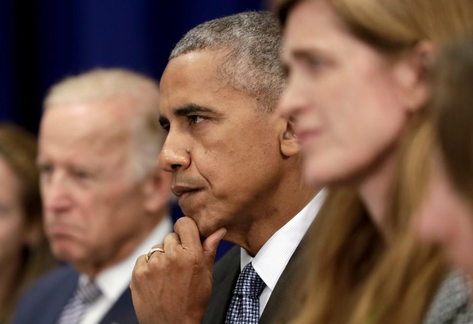 President Barack Obama, center, joined by Vice President Joe Biden, left, and United States United Nations Ambassador Samantha Power, right, looks to Iraqi Prime Minister Haider al-Abadi as he speaks to media during a bilateral meeting at the Lotte New York Palace Hotel in New York, N.Y., Monday, Sept. 19, 2016.