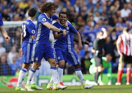 Britain Football Soccer - Chelsea v Sunderland - Premier League - Stamford Bridge - 21/5/17 Chelsea's Pedro celebrates scoring their third goal with David Luiz Reuters / Eddie Keogh Livepic