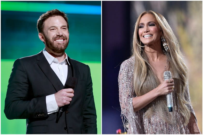 Separate photos of Ben Affleck, Jennifer Lopez onstage at Vax Live concert