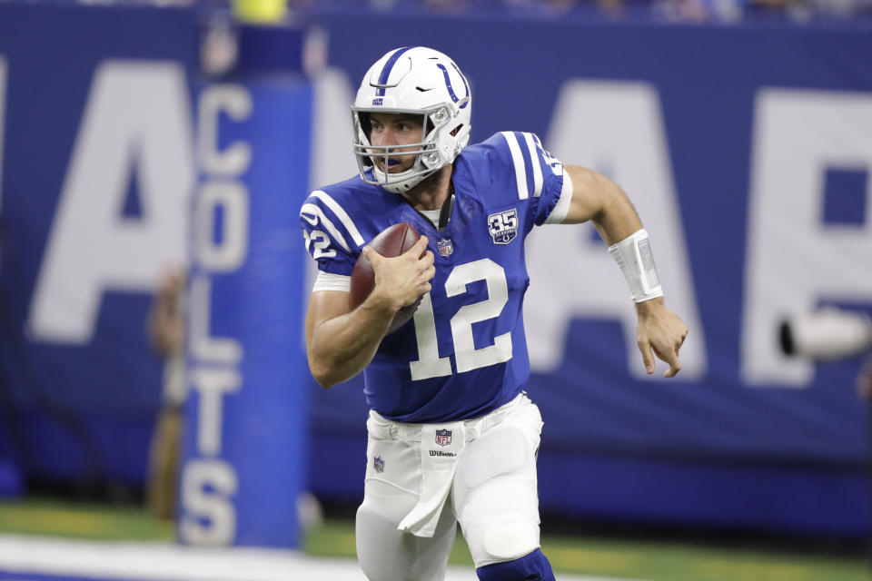 Indianapolis Colts quarterback Andrew Luck could have a rough return to the field behind an offensive line that’s a work in progress. (AP Photo/Michael Conroy, File)