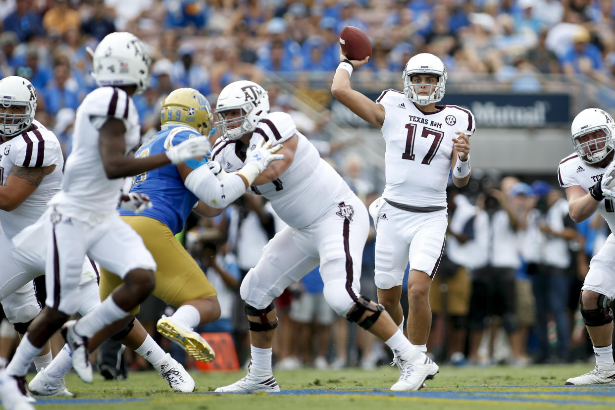 Texas A&M quarterback Nick Starkel throws against UCLA during an NCAA college football game, Sunday, Sept. 3, 2017, in Pasadena, Calif. UCLA won 45-44. (AP Photo/Danny Moloshok)