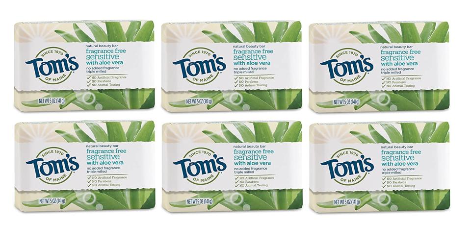 Six bars of Tom's of Maine Natural Beauty Bar Soap for Sensitive Skin with aloe vera and fragrance-free, best soaps for sensitive skin