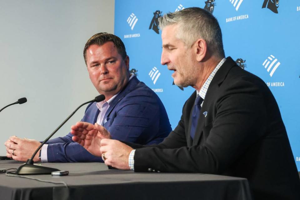 General manager Scott Fitterer, left, and head coach Frank Reich, speak to media about their first round draft pick, quarterback Bryce Young, in the NFL Draft on Thursday, April 27, 2023.