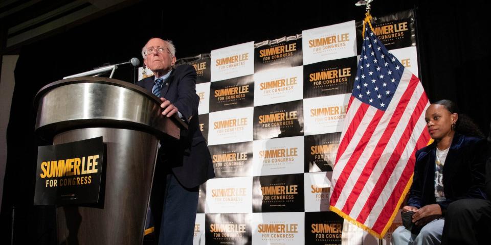 Sen. Bernie Sanders speaking to a crowd as he endorses Pennsylvania state Rep. Summer Lee.