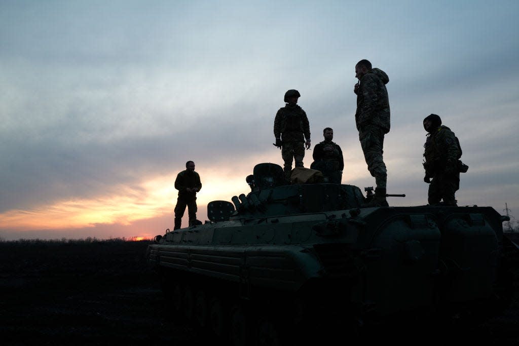 Soldiers on the Armored Infantry Vehicle 2 (BMP-2). The road to the city, the outskirts of Avdiivka on February 14, 2024 in Avdiivka district, Ukraine.