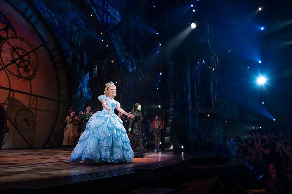 Ginna Claire Mason and Lindsay Pearce during curtain call of the Broadway reopening of "Wicked" at Gershwin in New York City.