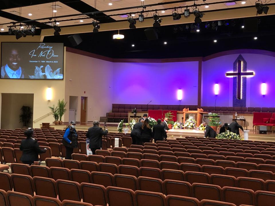 The casket of Irvo Otieno is placed by the altar before his funeral and celebration of life at First Baptist Church of South Richmond, on Wednesday, Mar. 29, 2023.