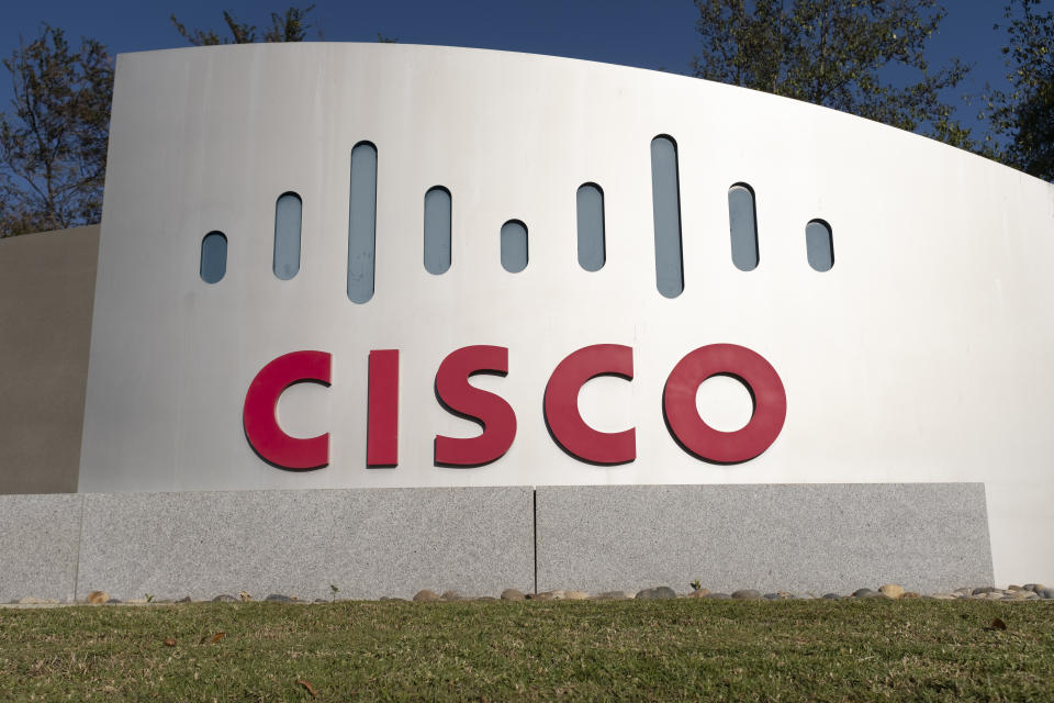 Cisco logo is seen at its office in San Jose, California on November 1, 2019. Cisco has scheduled a conference call for Wednesday, November 13, 2019 to announce its first quarter fiscal year 2020 financial results. (Photo by Yichuan Cao/NurPhoto via Getty Images)