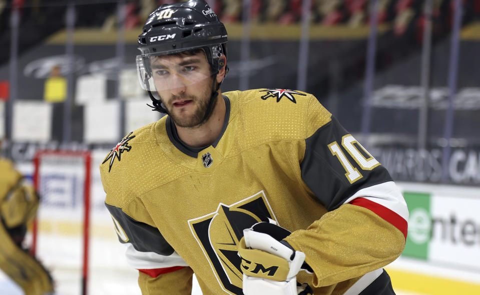 Vegas Golden Knights center Nicolas Roy skates before the team's NHL hockey game against the Anaheim Ducks on Saturday, Jan. 16, 2021, in Las Vegas. (AP Photo/Isaac Brekken)