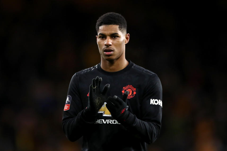 Manchester United's Marcus Rashford applauds the fans after the final whistle Wolverhampton Wanderers v Manchester United - FA Cup - Third Round - Molineux 04-01-2020 . (Photo by  Tim Goode/EMPICS/PA Images via Getty Images)