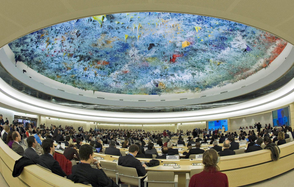 FILE - The assembly hall during the opening of the Human Rights Council's Commemorative session marking the 60th anniversary of the adoption of the Universal Declaration of Human Rights, at the European headquarters of the United Nations in Geneva, Switzerland, Dec. 12, 2008. Seventy-five years ago on Sunday Dec. 10, 2023, the U.N. General Assembly approved the Universal Declaration of Human Rights at a meeting in Paris. It laid one of the foundation stones of the international order that emerged following the horrors of World War II. (Salvatore Di Nolfi/Keystone via AP, File)