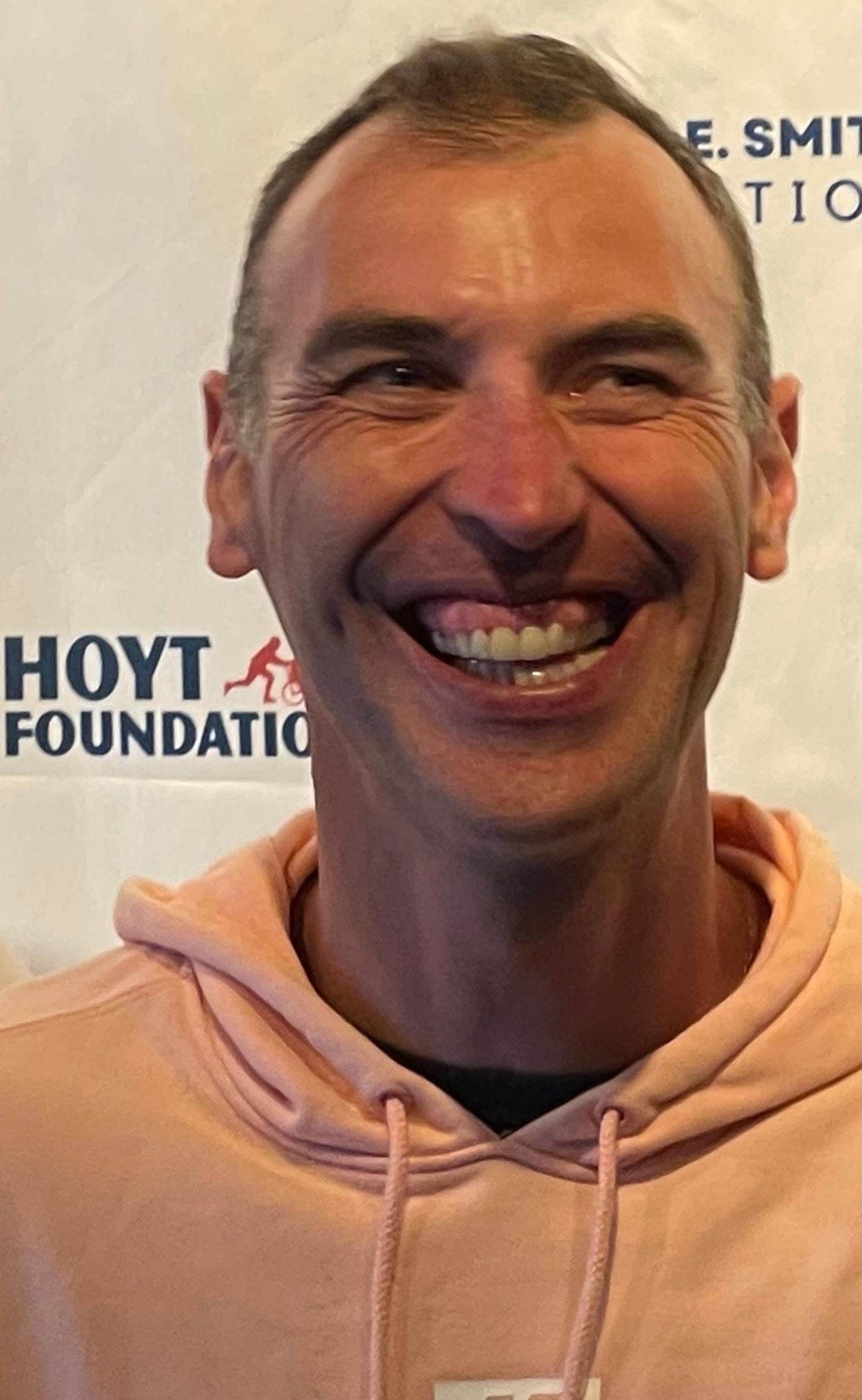 Former Boston Bruins captain Zdeno Chara smiles at a Boston Bruins watch party to benefit Team Hoyt in Salem on March 23, 2024.