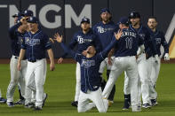 during the == inning in Game 4 of the baseball World Series Saturday, Oct. 24, 2020, in Arlington, Texas. Rays defeated the Dodgers 8-7 to tie the series 2-2 games. (AP Photo/Eric Gay)