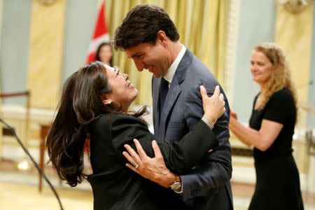 Canada's Prime Minister Justin Trudeau congratulates Mary Ng after she was sworn-in as Minister of Small Business and Export Promotion during a cabinet shuffle at Rideau Hall in Ottawa, Ontario, Canada, July 18, 2018. REUTERS/Chris Wattie