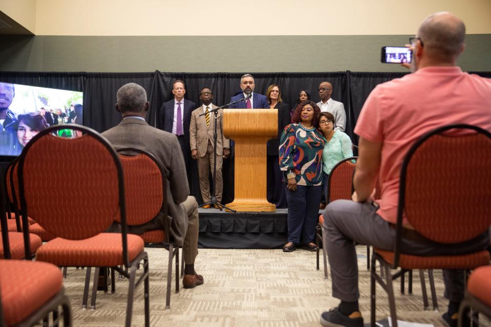 Attorney General Raúl Torrez holds a news conference to announce charges against LCPD officer, Brad Lunsford, for the death of Presley Eze on Tuesday, Oct. 3, 2023, at the Las Cruces Convention Center.