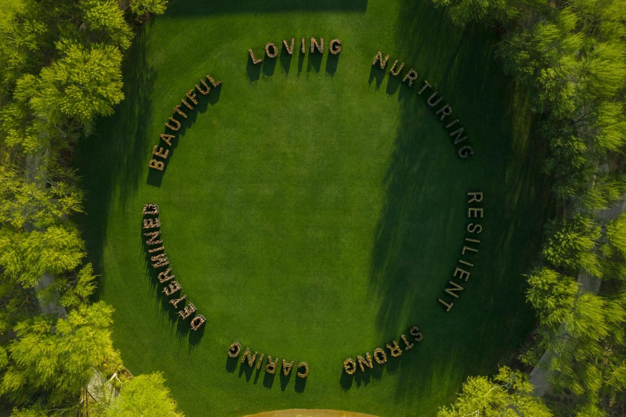 An aerial view view of Ghada Amer's 2021 Desert X installation "Women’s Qualities."