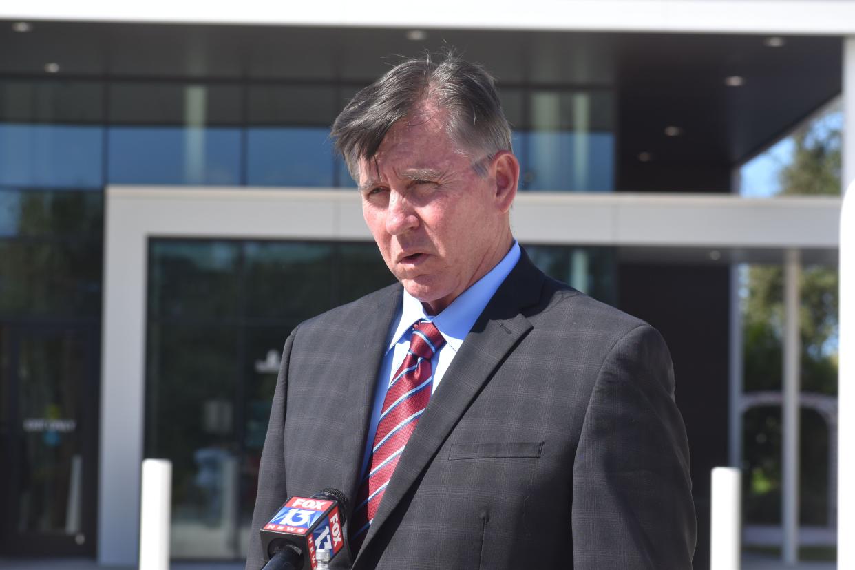 Greg Anderson, attorney for the Kowalski family, speaks to members of the media during a break in proceeding Friday at the South County Courthouse in Venice, Florida. The Kowalski family is suing Johns Hopkins All Children's Hospital for false imprisonment, negligent infliction of emotional distress, medical negligence, battery, and other claims more than a year after the family matriarch, Beata Kowalski, took her life following allegations she was abusing her daughter, Maya Kowalski.