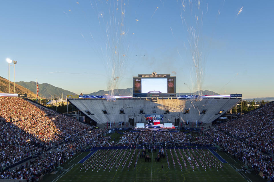 Fireworks explode in the sky during a July Fourth celebration at LaVell Edwards Stadium, Thursday, July 4, 2024 in Provo, Utah. Several people were injured when fireworks misfired and struck members of the audience inside the football stadium police said.(Isaac Hale/The Deseret News via AP)