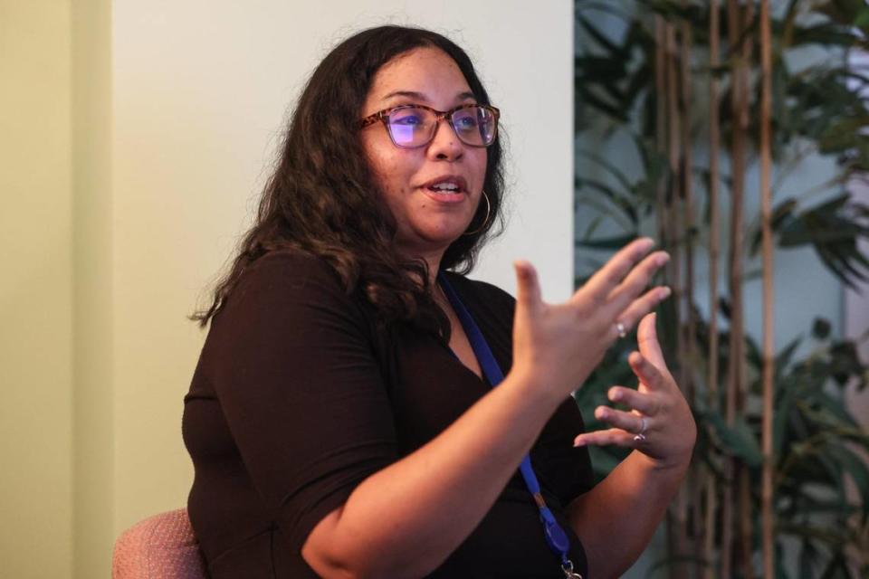 Laura Camilo Apgar, clinical social worker and co-founder of Cohoba, leads the discussion during a discussion on Wednesday, August 30, 2023 at the VAPA Center.