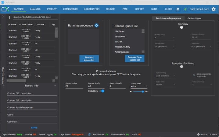 The CapFrameX utility on Windows.