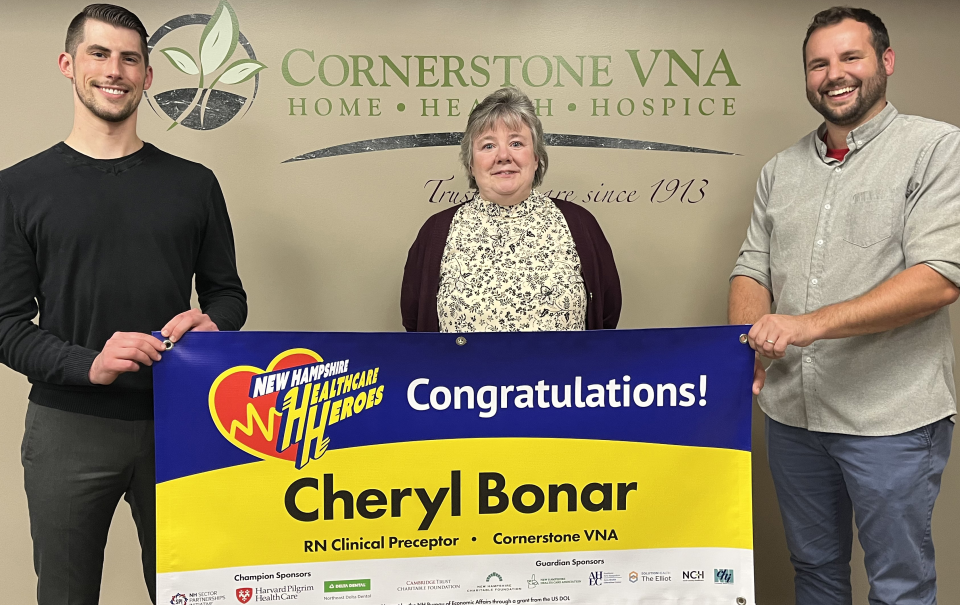 Cheryl Bonar is recognized as the Seacoast region’s NH Healthcare Hero by John Desmond of Cookson Communications (left) and Michael Carleton Home Care Team Manager and nominator (right).