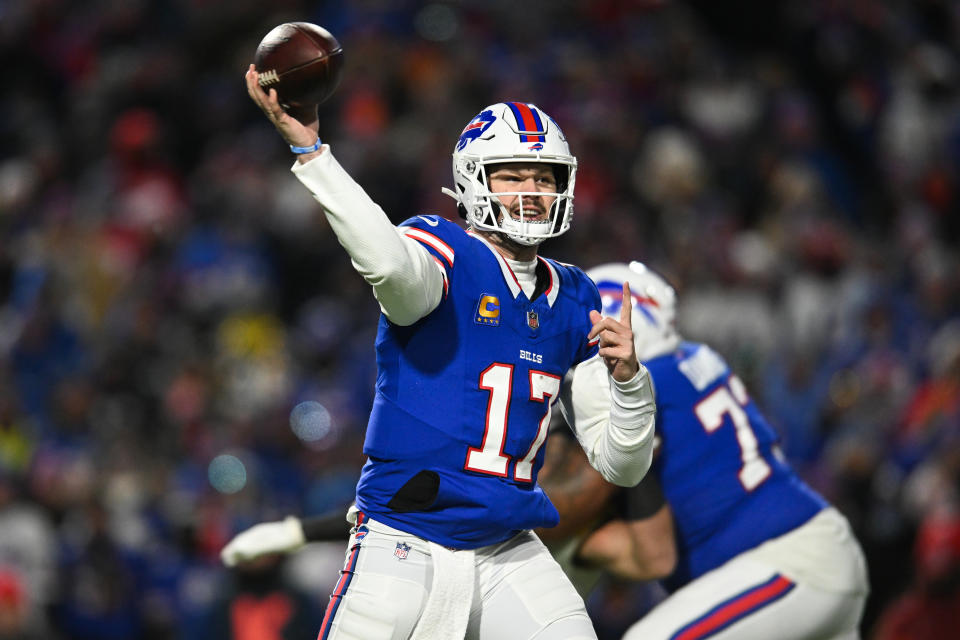 ORCHARD PARK, NY - JANUARY 15: Josh Allen #17 of the Buffalo Bills throws the football during the first half of the NFL wild-card playoff football game against the Pittsburgh Steelers at Highmark Stadium on January 15, 2024 in Orchard Park, New York. (Photo by Kathryn Riley/Getty Images)