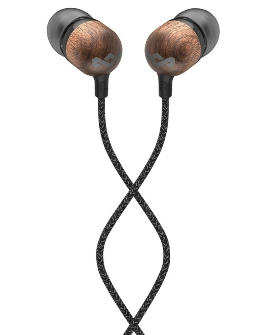 Earbuds backed with grained and stained timber with black buds and leads. Marley Smile Jamaica In-Ear Headphones, $29.95