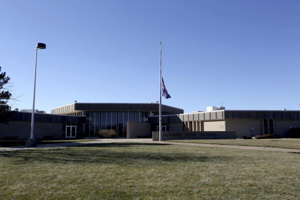 This Wednesday, Dec. 12, 2018 photo shows Ulysses High School in Ulysses, Kan., a class 4A school. Senior Braxton Moral will graduate from Harvard before he graduates from the high school in May 2019. (Sandra J. Milburn/The Hutchinson News via AP)