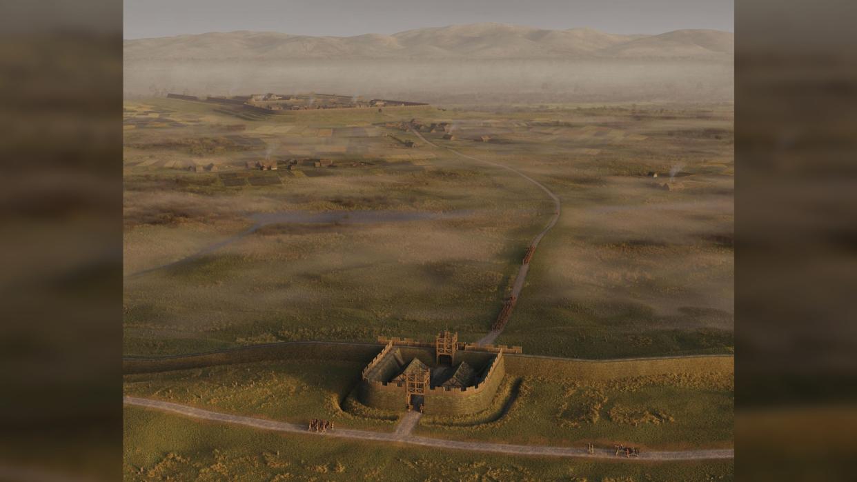  illustration of a roman fort with hills and fog visible in the background 
