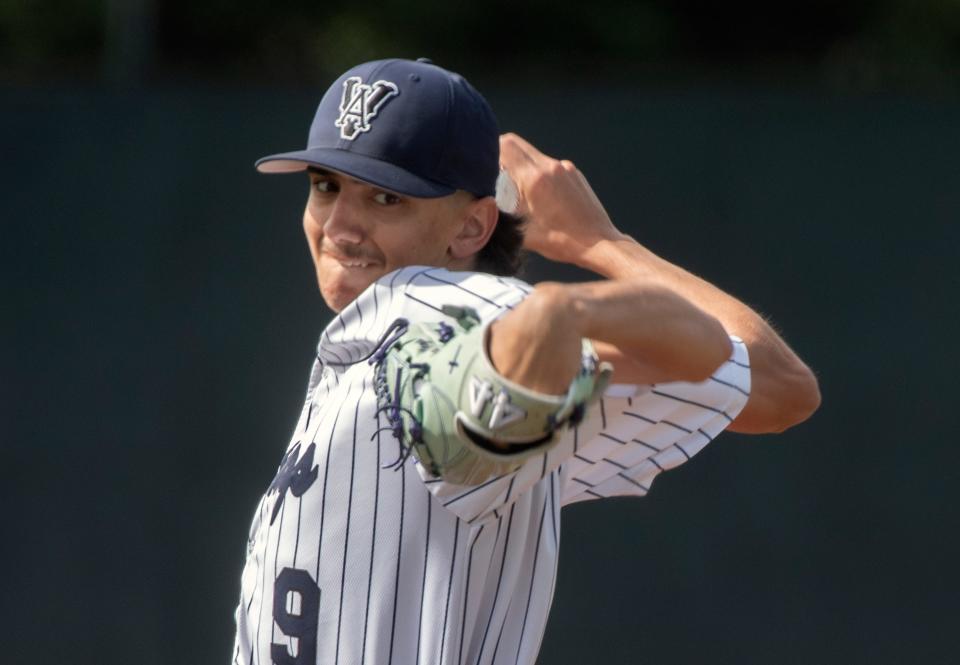 Venture Academy's Alexander Wolf-Gallegos delivers a pitch during a game against Millennium at Billy Hebert Field in Stockton on Apr. 25, 2024.