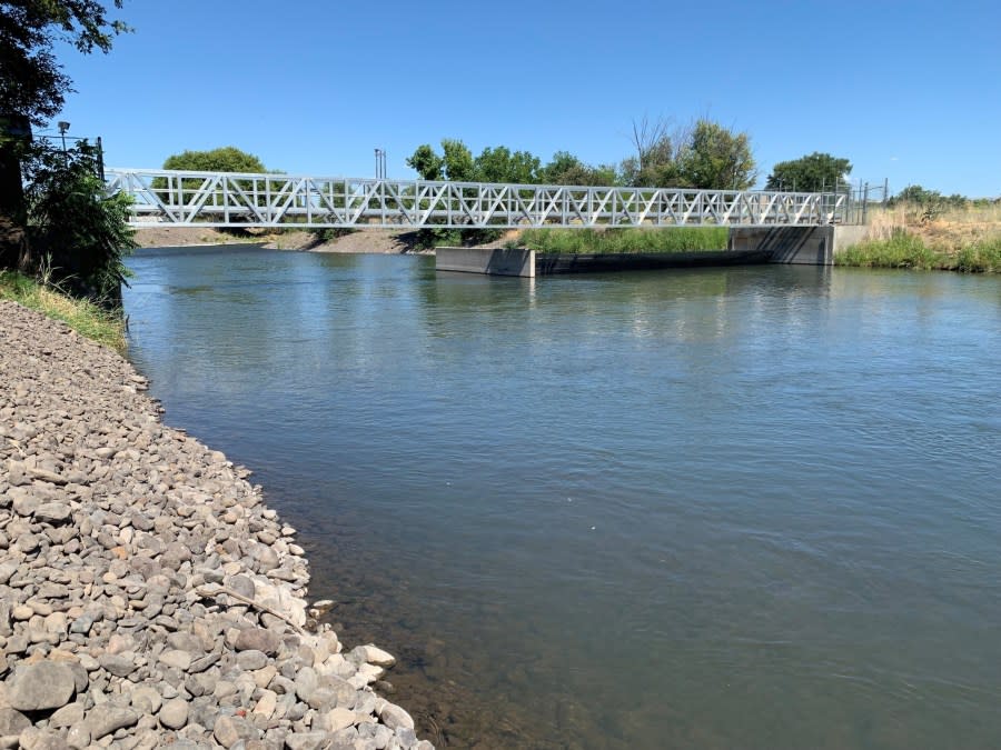 <em>The weir at McKay Creek that previously blocked fish passage. The left side of the weir has since been dropped, allowing salmon and summer steelhead to pass the weir and swim into a suitable habitat in the Umatilla River Basin. (ODFW)</em>