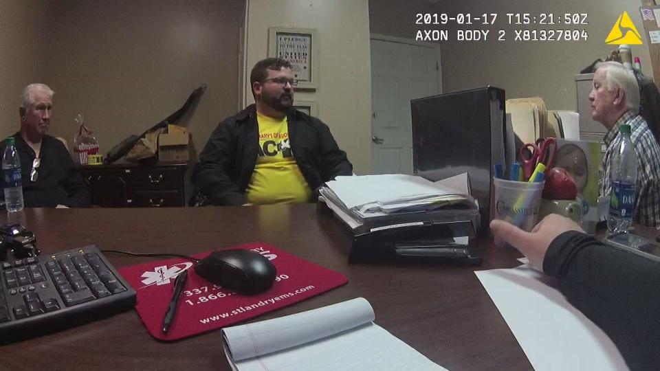 Bodycam video of Dustin Parra, center, being questioned by  former FBI agents Zack Shelton and David Lemoine who were deputized as Cottonwood police officers for the case. / Credit: Cottonport Police Department