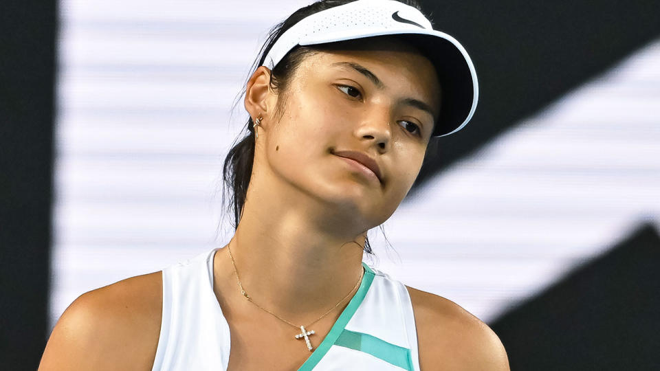 Pictured here, a glum looking Emma Raducanu at the 2022 Australian Open.