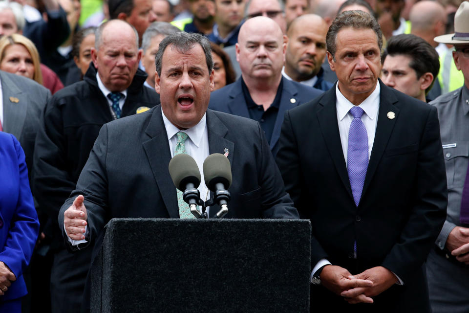 <p>New Jersey Gov. Chris Christie, (L) and New York Governor Andrew Cuomo attend a press conference after a NJ Transit train crashed in to the platform at Hoboken Terminal September 29, 2016 in Hoboken, New Jersey. (Eduardo Munoz Alvarez/Getty Images) </p>