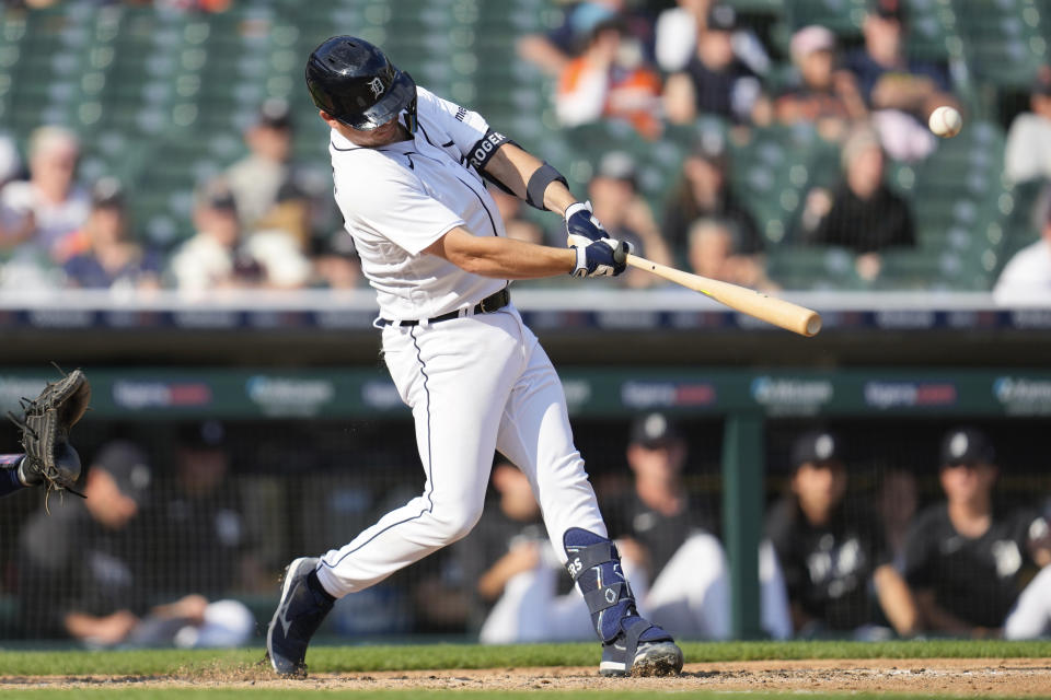 Detroit Tigers' Jake Rogers hits a three-run home run against the Atlanta Braves in the fourth inning during the second baseball game of a doubleheader, Wednesday, June 14, 2023, in Detroit. (AP Photo/Paul Sancya)