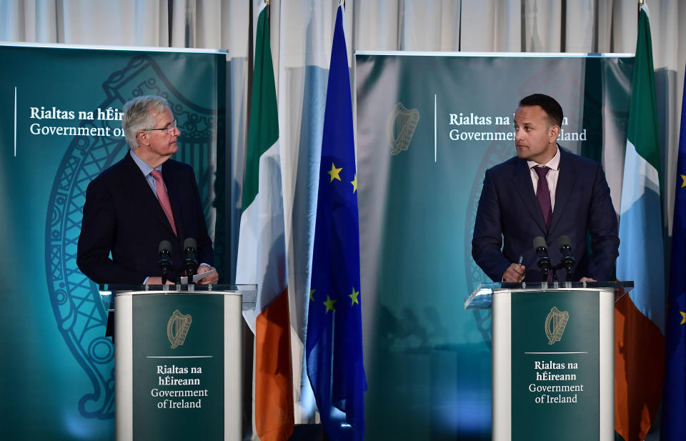 EU Brexit negotiator Michel Barnier (left) speaks alongside Irish PM Leo Varadkar (Getty)