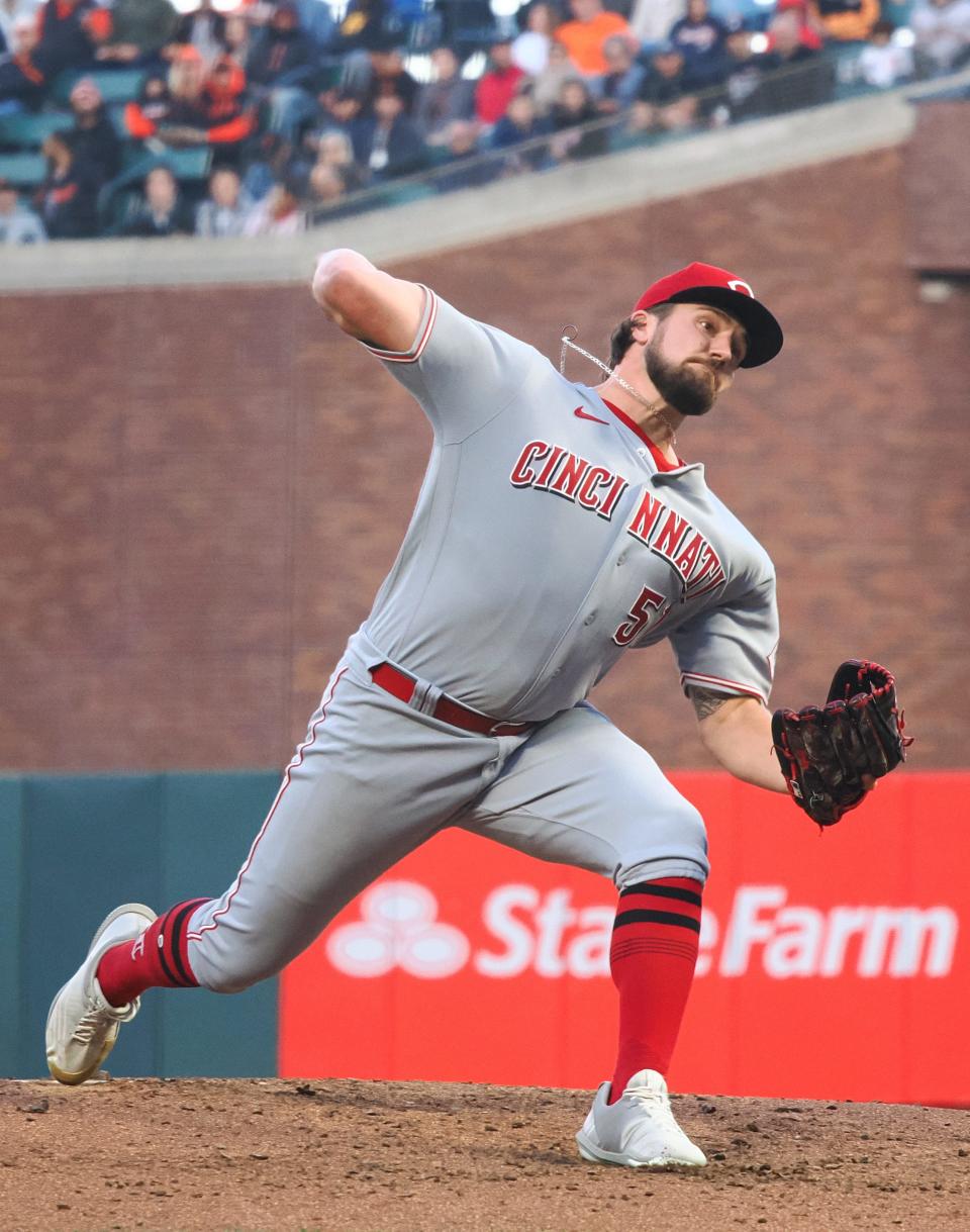 Jun 24, 2022; San Francisco, California, USA; Cincinnati Reds starting pitcher Graham Ashcraft (51) pitches the ball against the Cincinnati Reds during the third inning at Oracle Park. Mandatory Credit: Kelley L Cox-USA TODAY Sports