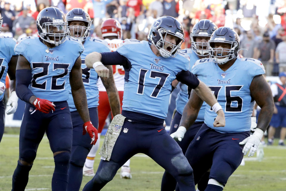 Tennessee Titans quarterback Ryan Tannehill (17) celebrates after scoring a 2-point conversion against the Kansas City Chiefs in the second half of an NFL football game Sunday, Nov. 10, 2019, in Nashville, Tenn. The Titans won 35-32. (AP Photo/James Kenney)