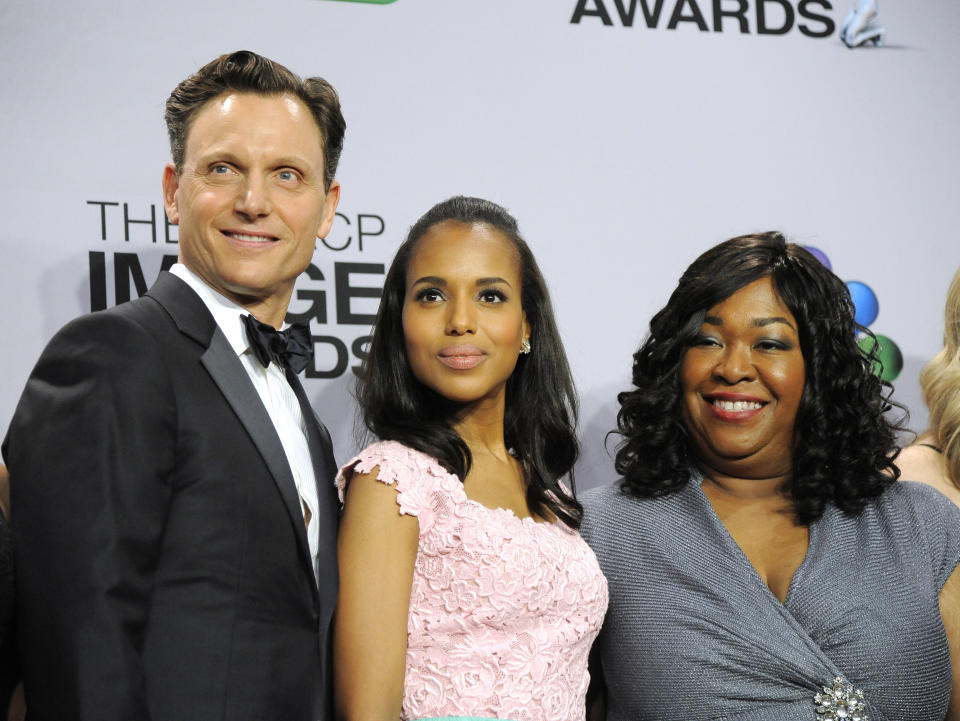 FILE - This Feb. 1, 2013 file photo shows, from left, actors Tony Goldwyn, and Kerry Washington from the ABC series "Scandal," with series creator Shonda Rhimes at the 44th Annual NAACP Image Awards in Los Angeles. ABC says it is adding a dozen new series to its schedule next season, including its third drama from producer Shonda Rhimes. Viola Davis will star in the new series from Rhimes, a legal thriller titled "How to Get Away with Murder." Rhimes produces "Scandal" and "Grey's Anatomy," which will be returning to the ABC schedule. (Photo by Chris Pizzello/Invision/AP, FIle)